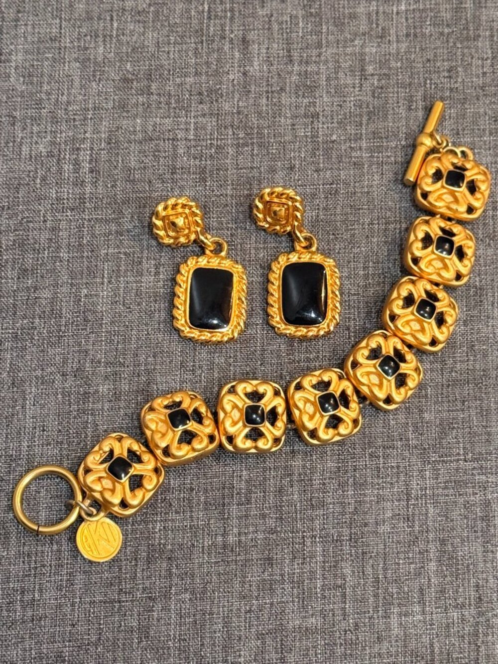 Anne Klein Gold-Tone Black Accent Bracelet & Earrings Set
